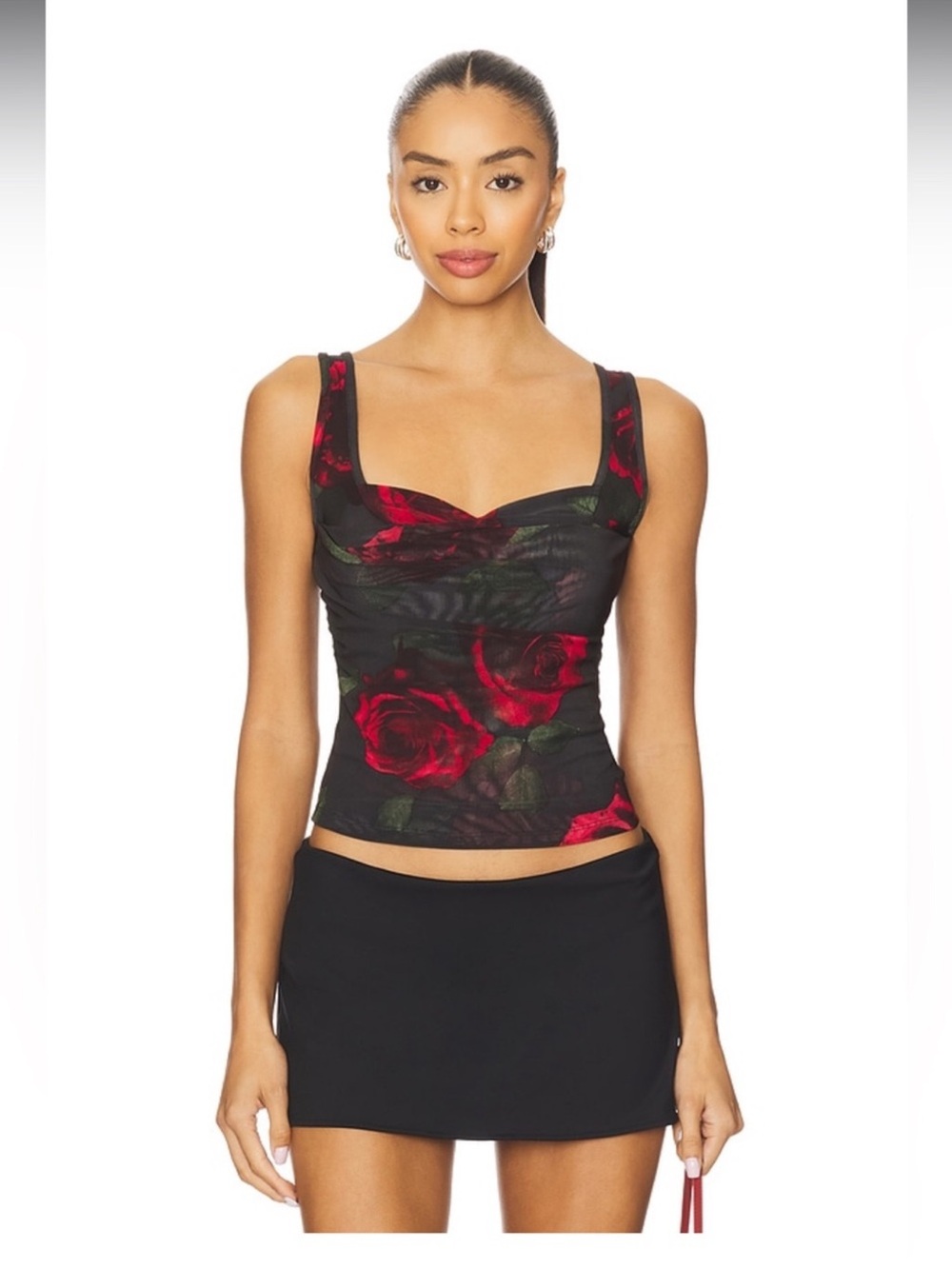 Good American Sheer Black Tank with Red Rose Motif